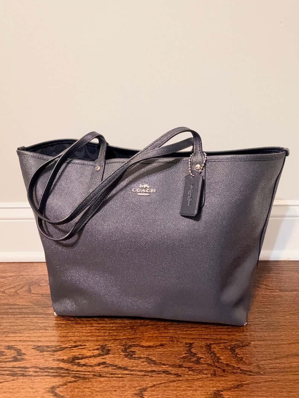 Coach Metallic Black Saffiano Leather Tote with Shoulder Straps